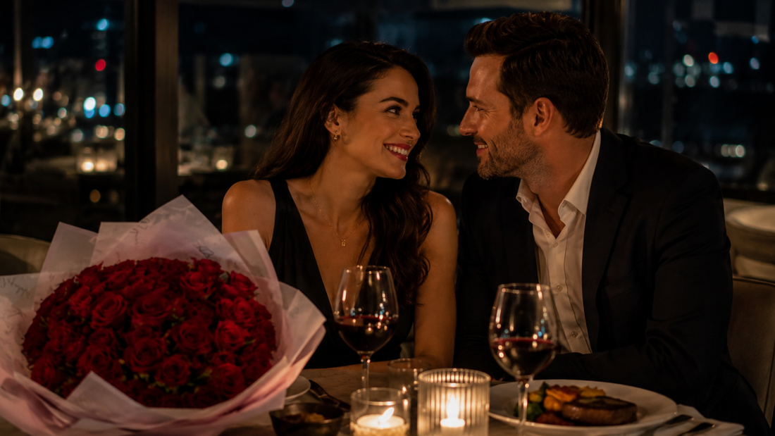 Happy couple having a nice anniversary dinner with a bouquet of red roses on the table.