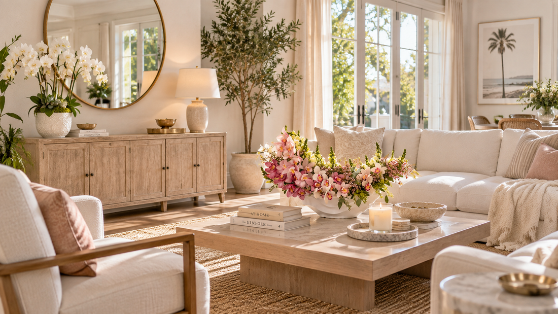 Light and airy living room with wood and beige accents. A flower arrangement on the coffee table and orchids on the console table.