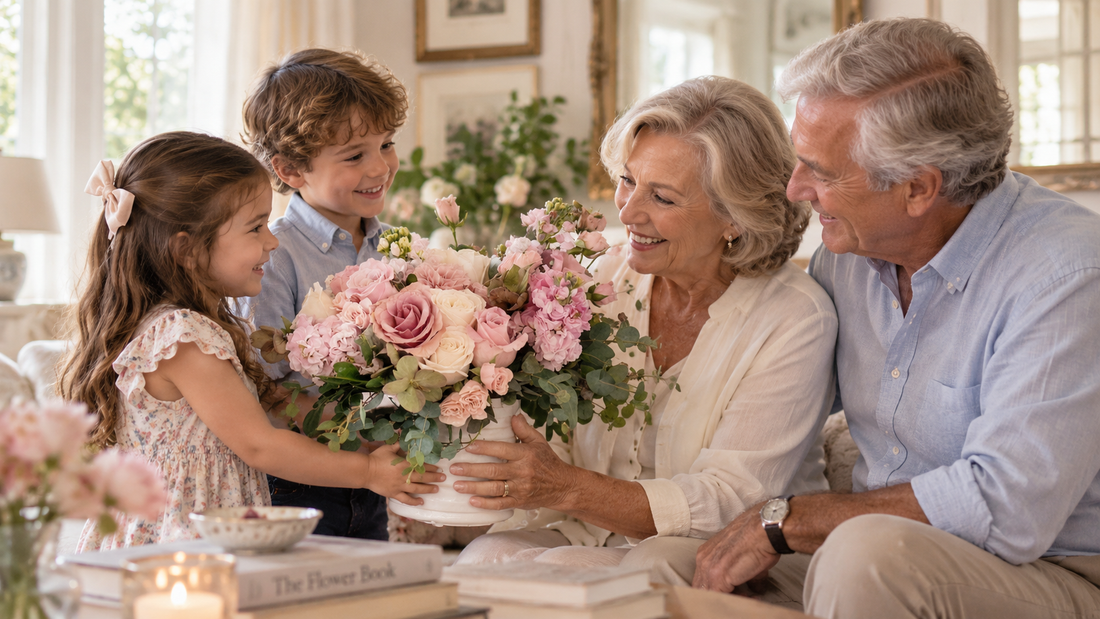 A happy family, a boy and a girl with their grandparents. They are giving a floral arrangement to their grandmother for Grandparent's Day, it has pink roses.