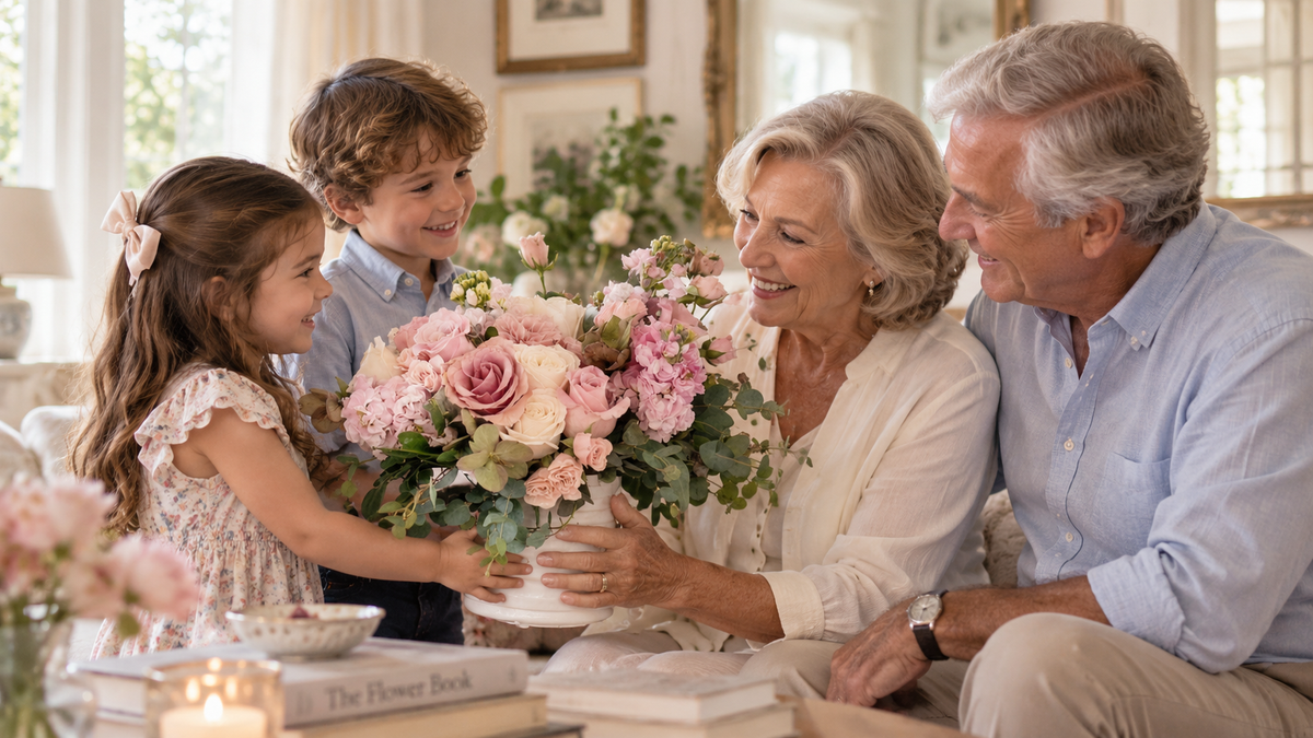 A happy family, a boy and a girl with their grandparents. They are giving a floral arrangement to their grandmother for Grandparent's Day, it has pink roses.