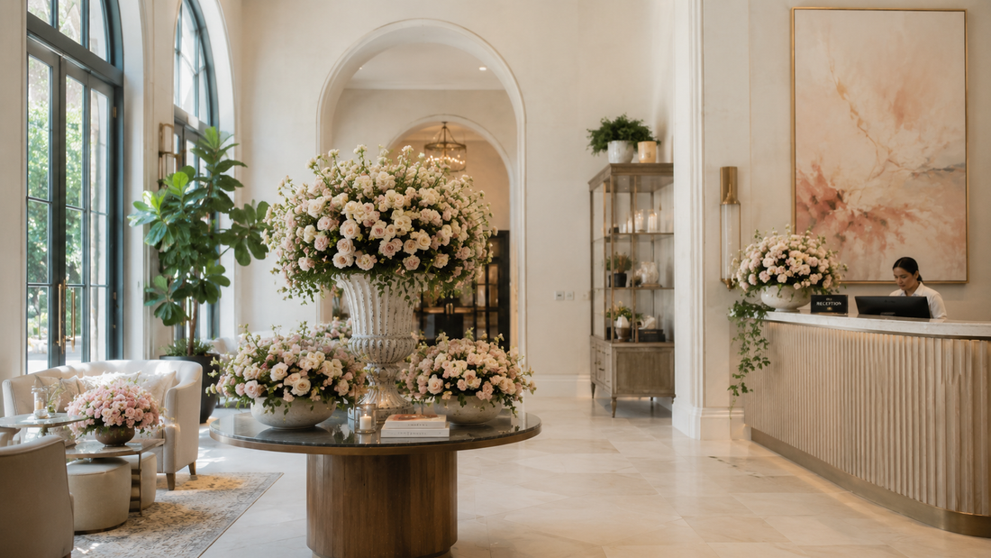 Bright and modern hotel lobby and reception area full of floral arrangements.