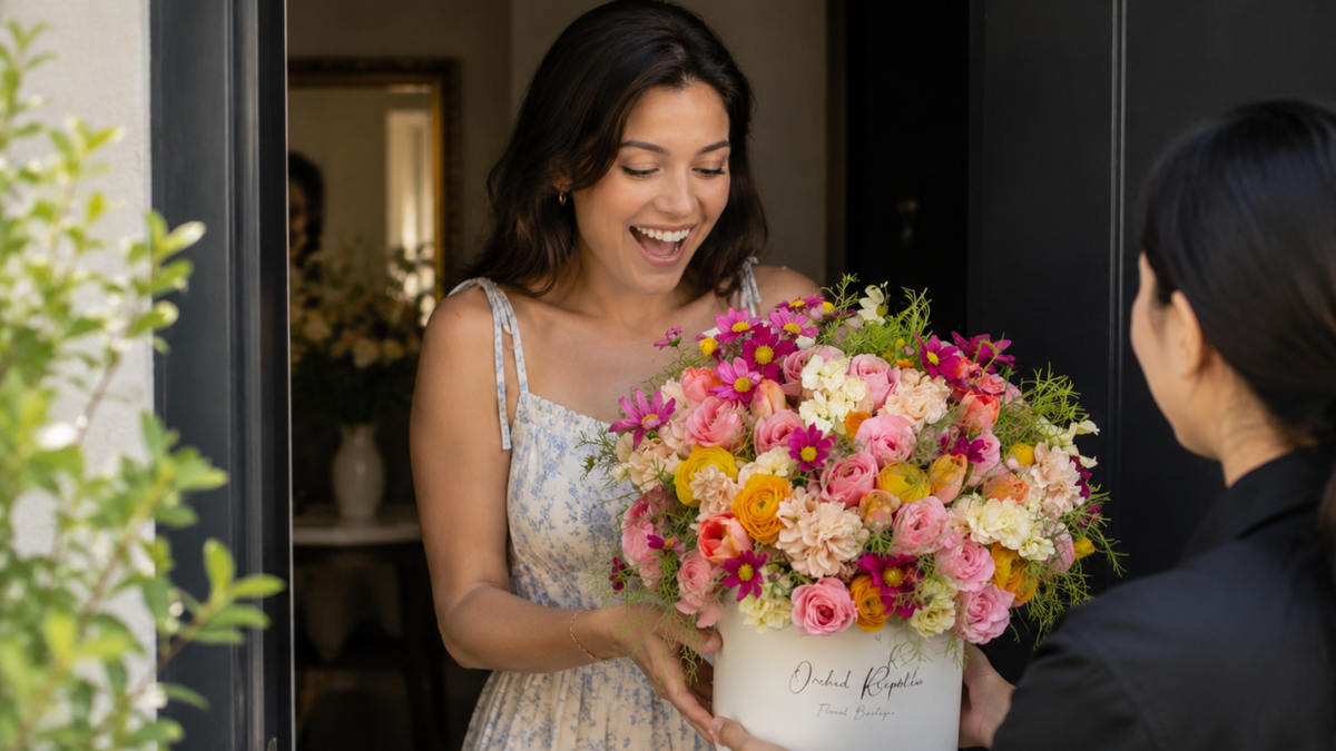A woman surprised with a flower delivery. Bright flowers in a hat box being delivered.