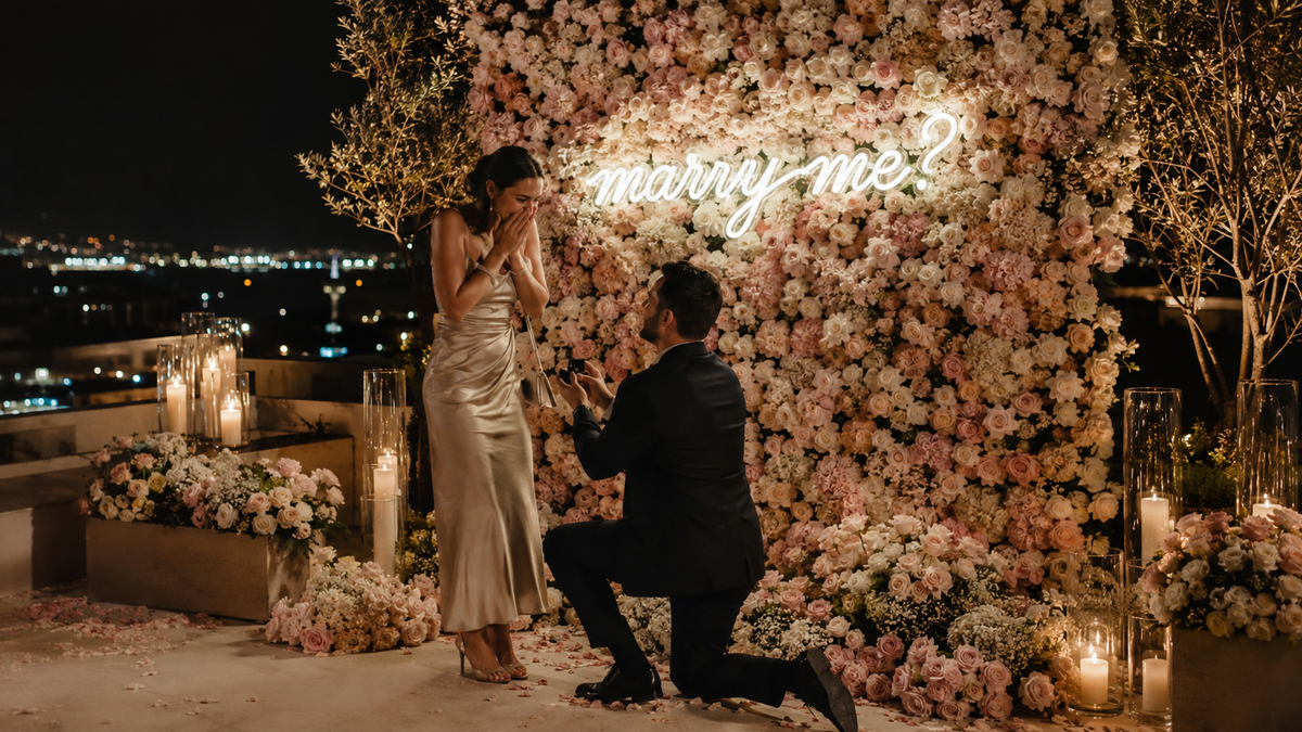 A man proposing to a woman in a silver dress with a flower wall saying "marry me?" 