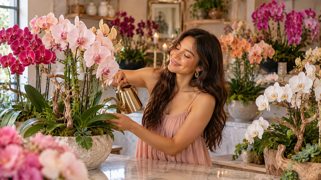 A woman in a room full of pink and white phalaenopsis orchids. She is watering the orchids while wearing a pink dress.