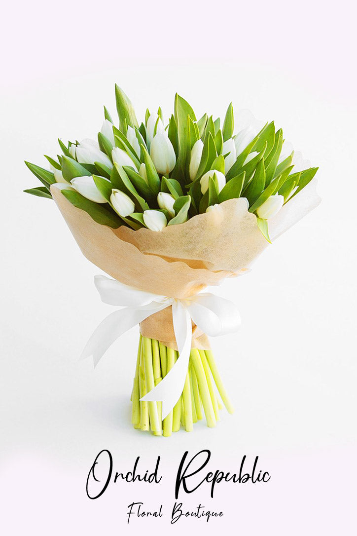 White tulip hand bouquet wrapped in fine paper and finished with decorative ribbon