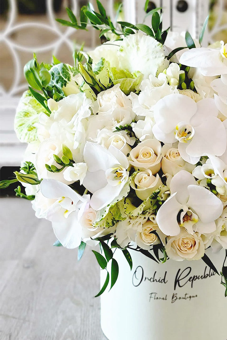 Close-up of pristine white Phalaenopsis orchids, roses, cabbage roses, stock and lisianthus