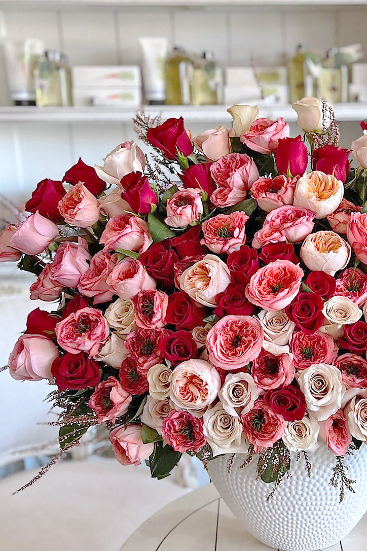 Close-up of peach-pink Quicksand roses, red roses and soft garden roses