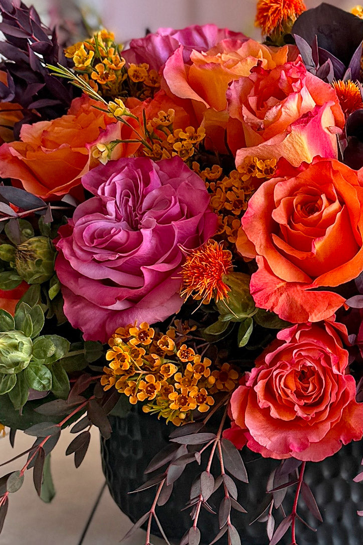 Close-up of orange roses, black callas, sunflowers, waxflowers and agonis