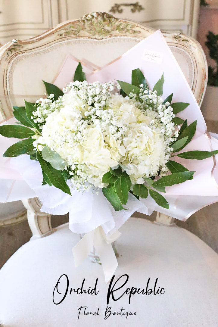 White hydrangea and gypsophila hand bouquet with greenery in premium paper wrapping